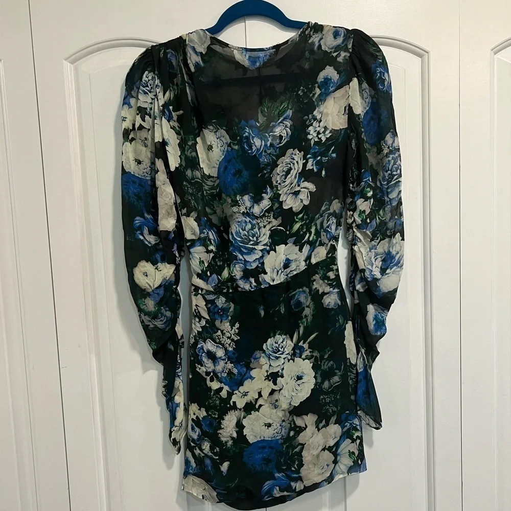 ZARA sheer top floral ruched mini dress with ruched sleeves - Picture 7 of 11